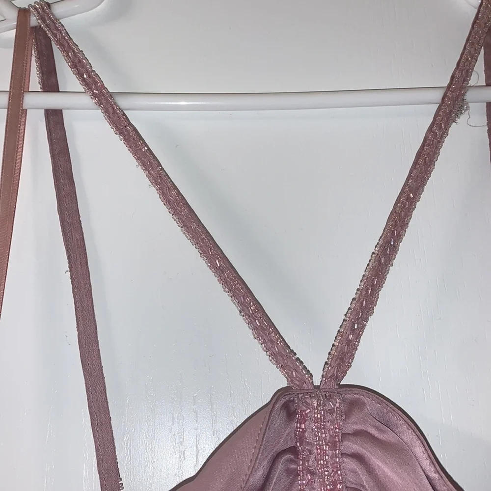 Pale pink/ light purple formal criss cross beaded rhinestone dress - Picture 5 of 11